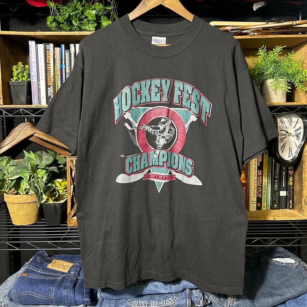 Vintage 2001 Hockey Fest Champions Tee Large Black Green Graphic Shirt